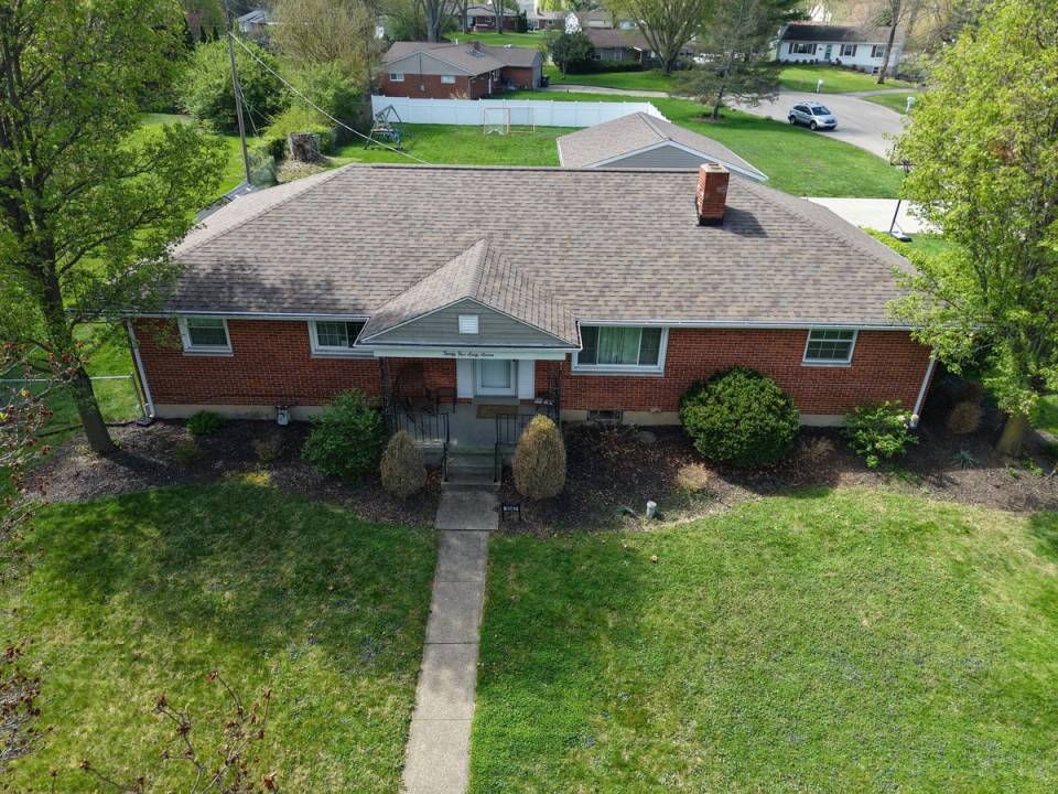 Aerial view of a completed roof replacement on a Beavercreek, Ohio home.