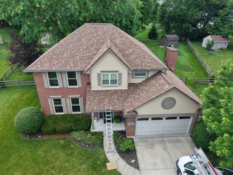 Aerial view of the finished roof on the two-story house, Beavercreek, Ohio.
