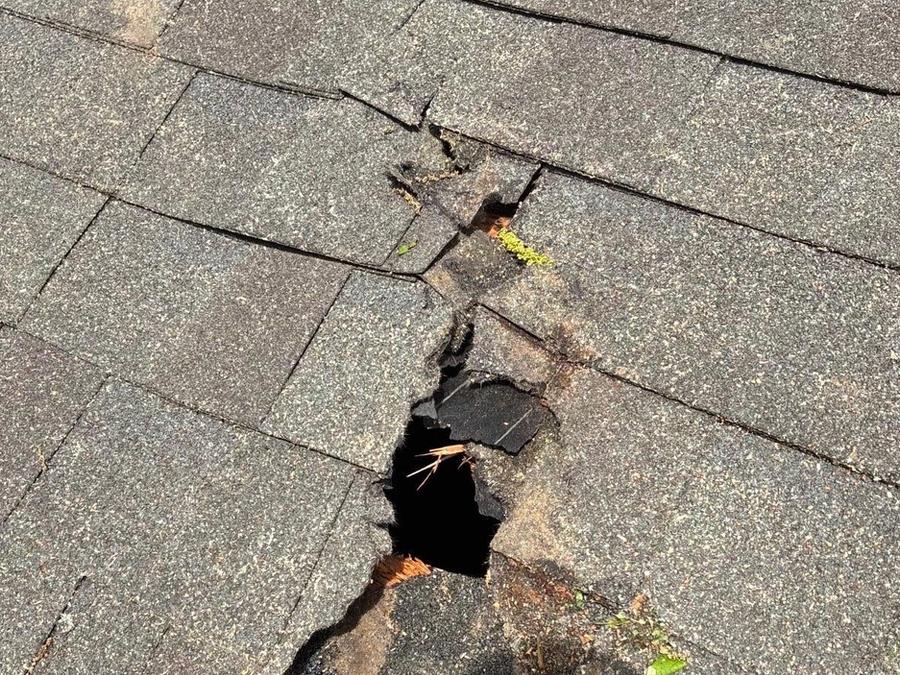 A hole punched through the shingles where the tree hit, on Stauffer Dr, Beavercreek, Ohio.