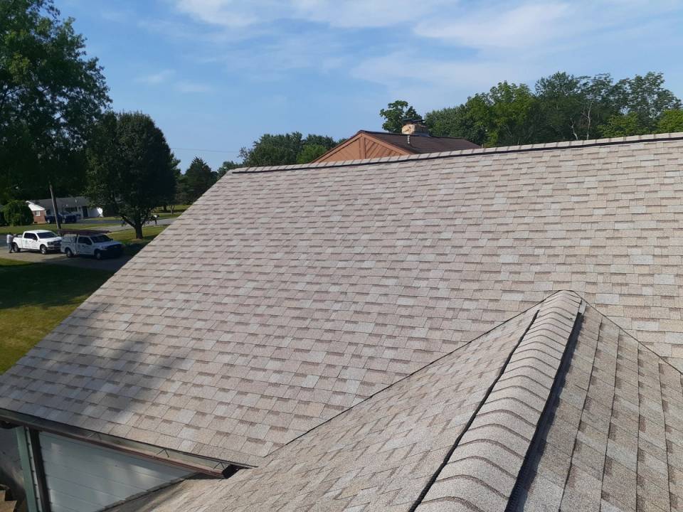 Finished roof planes from the ridge looking toward the street, Jamestown, Ohio.